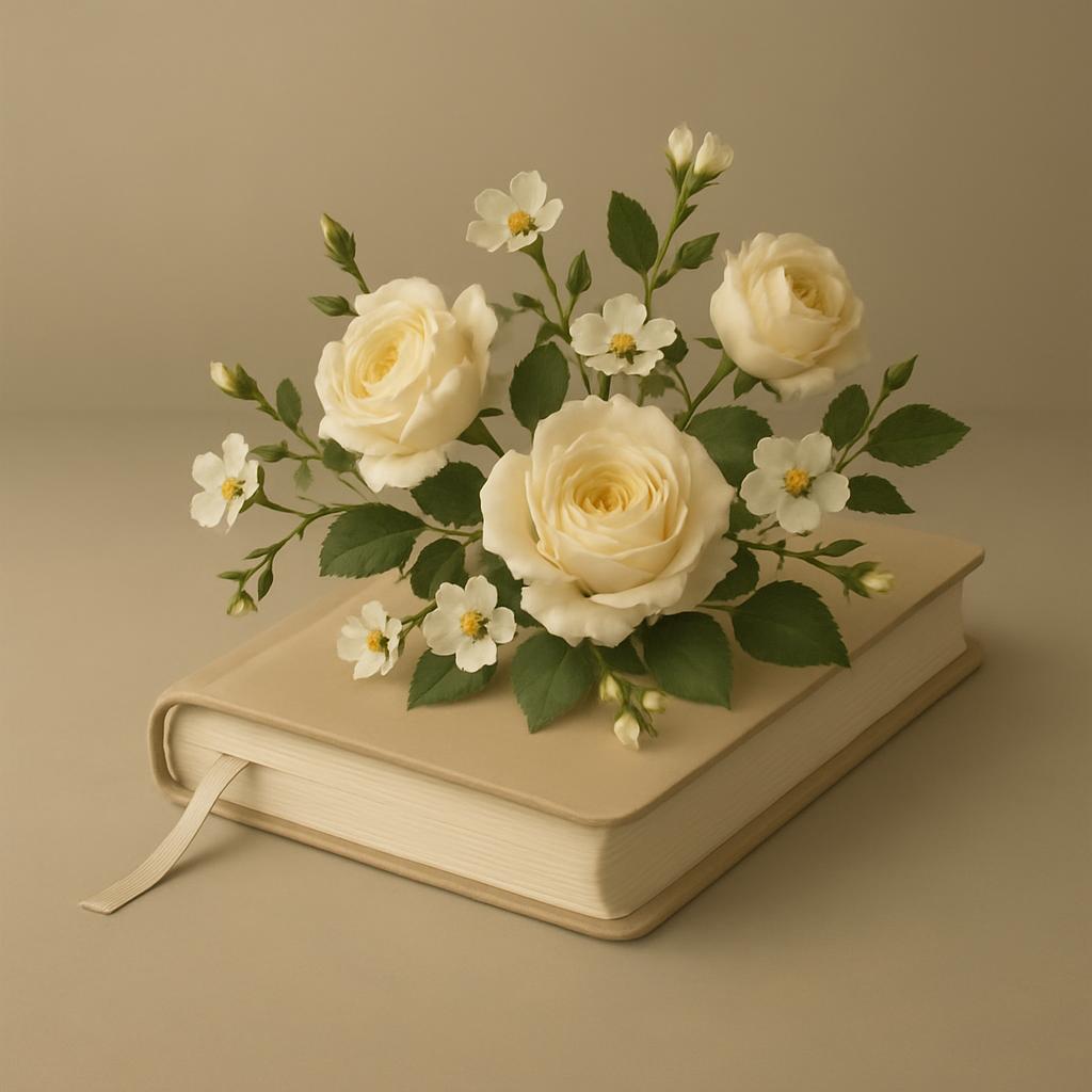 A cream-colored book adorned with white roses and leaves set against a blurred beige background.