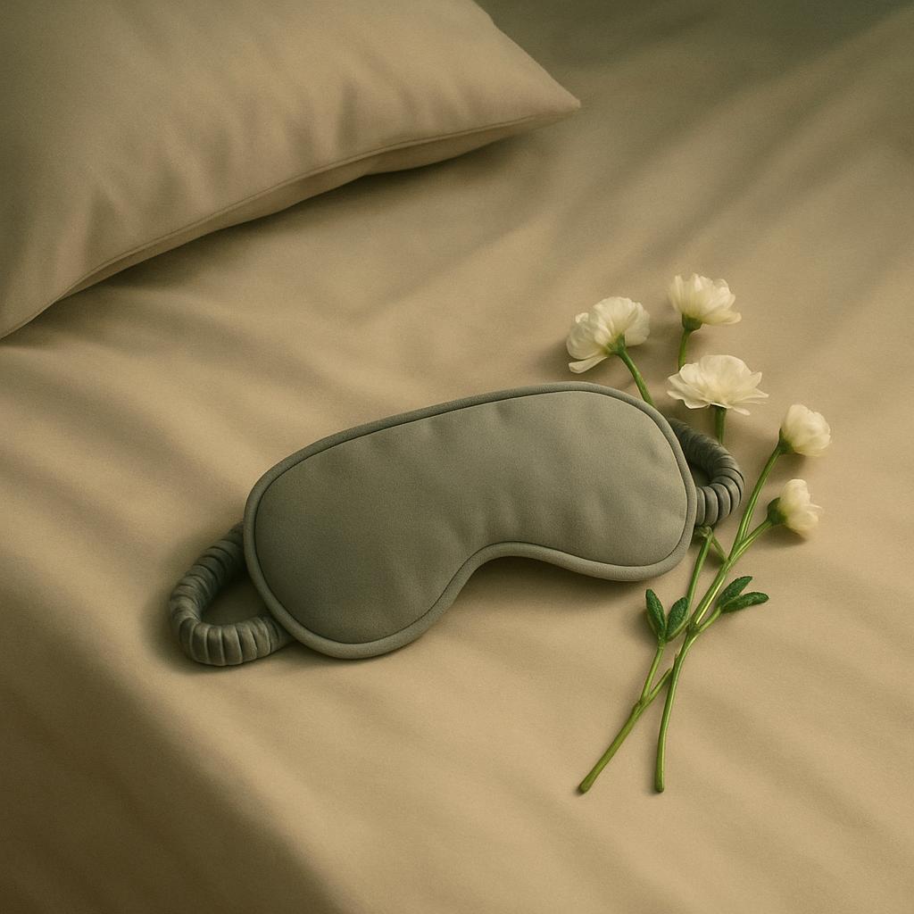 Masquerade or half mask, bed. [Answer: ] A half face mask lying on a bed sheet with white flowers. The background is color...