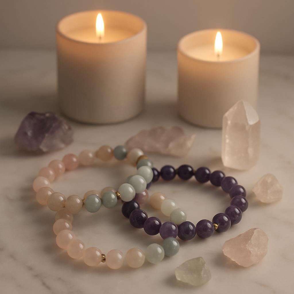 Three bracelets made of various beads (purple, pink, in between, cream and gray) on top of a white marble table, with two ...