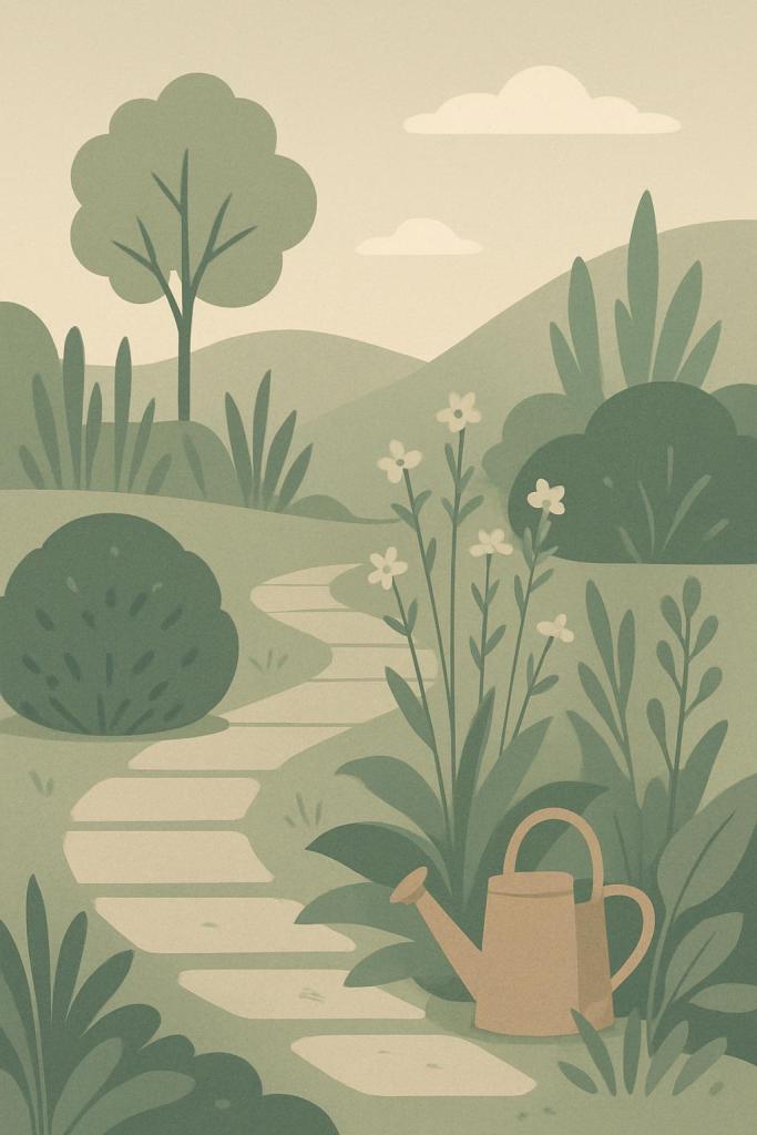 A green garden with a stone path, a watering can and flowers, set against a rolling hill landscape.