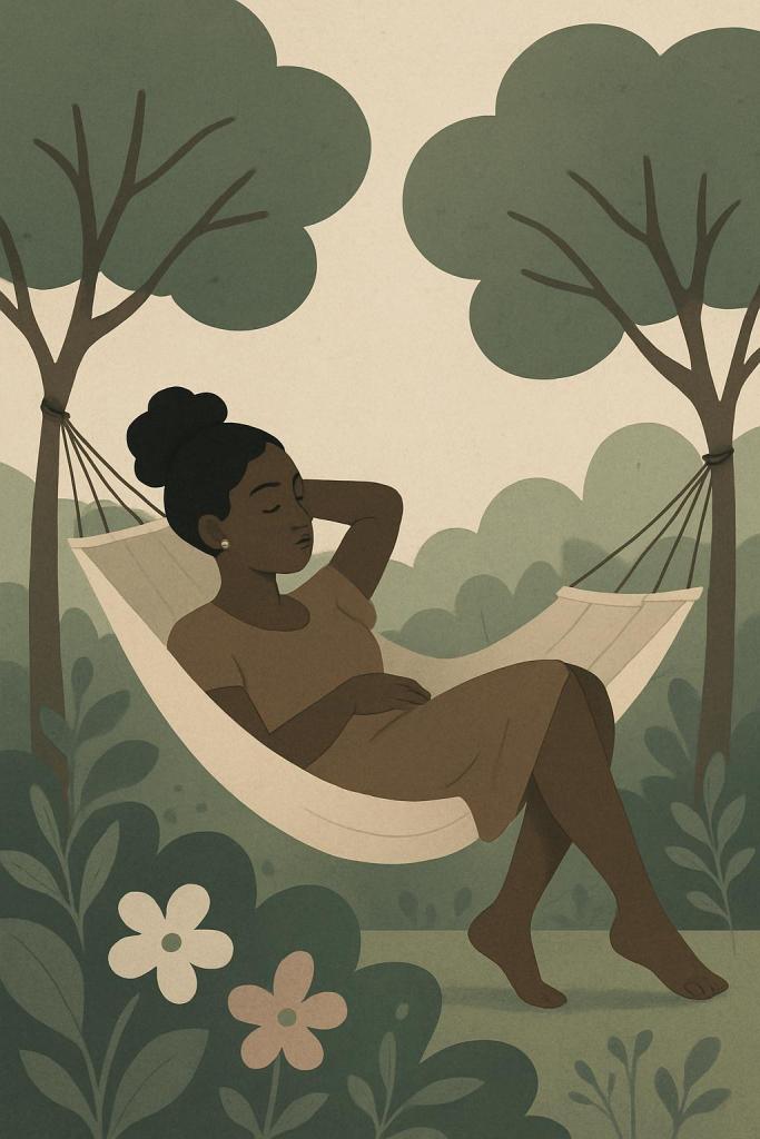 A woman with dark skin and hair in a bun reclines in a hammock amidst greenery, her eyes closed in sleep. Her tan dress co...