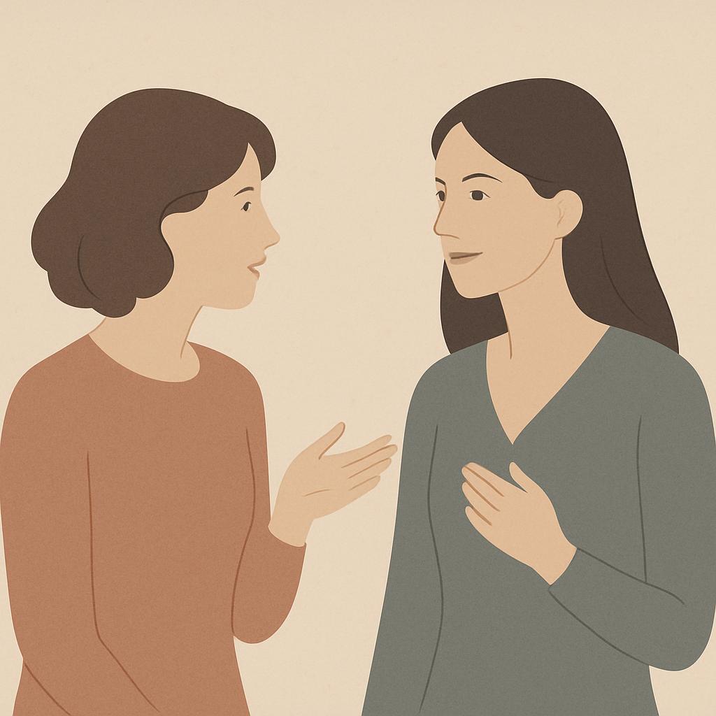 Two women, facing each other, engaged in conversation